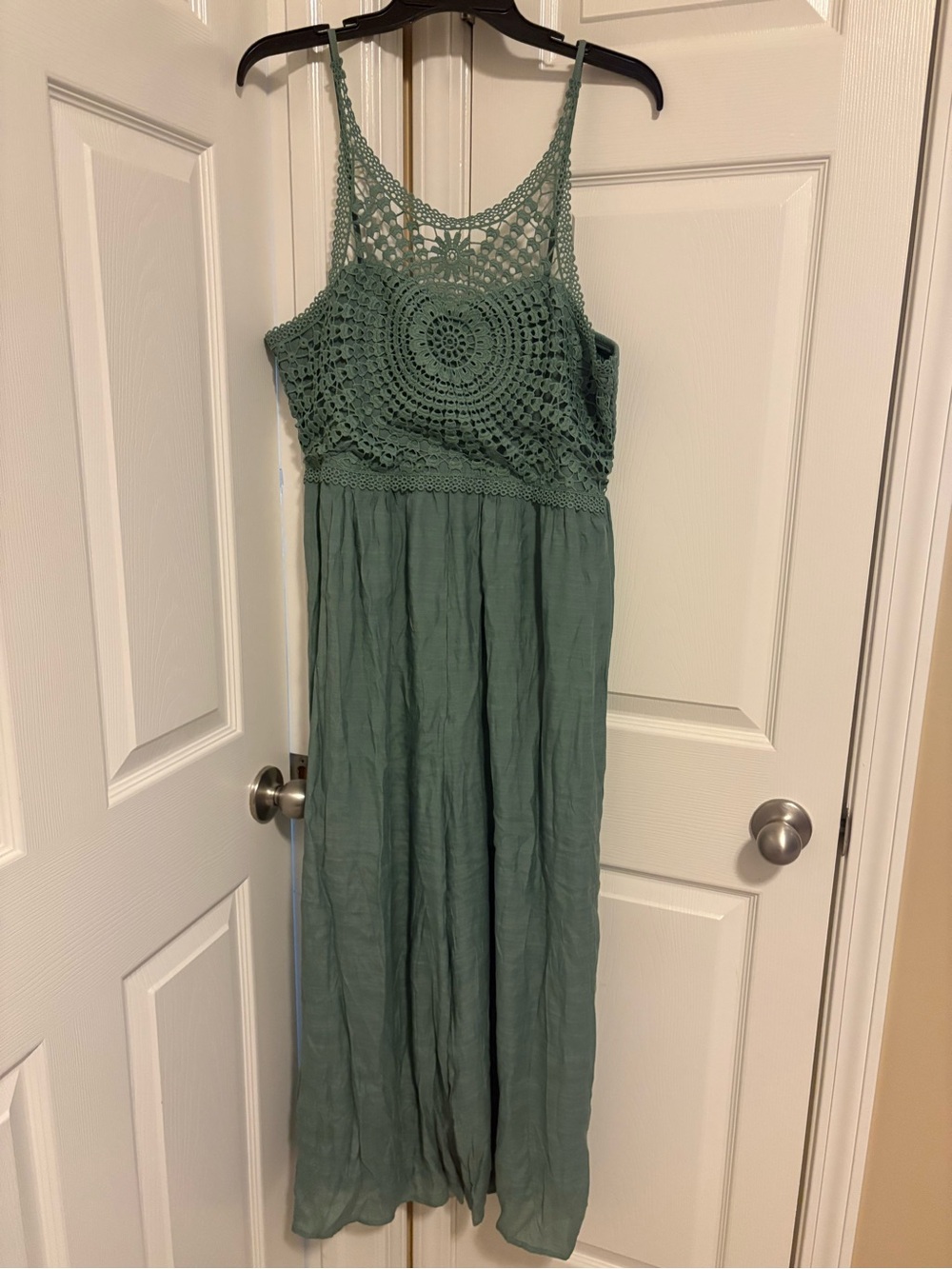 Rebellion Sage Green Crochet Bodice Maxi Jumpsuit